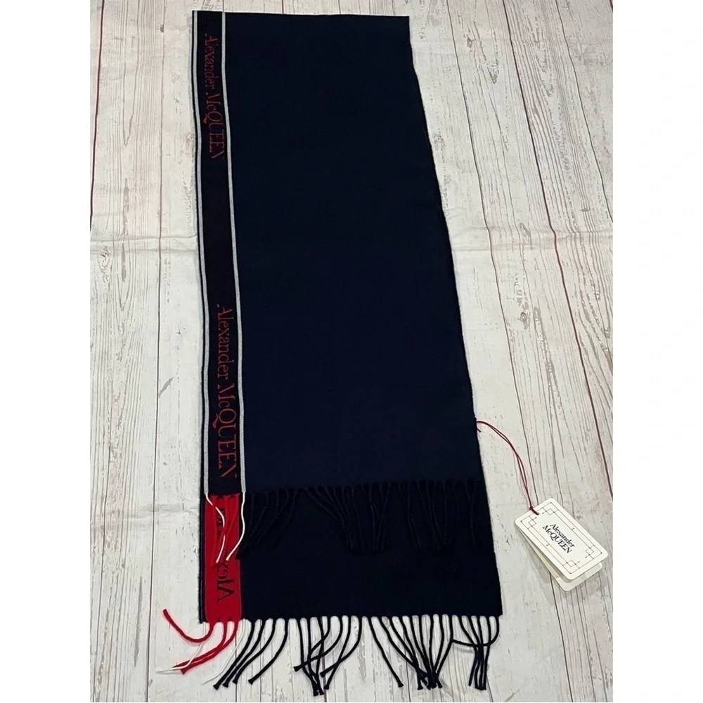 Alexander Mcqueen Navy Blue Selvedge Fringe Wool/Cashmere Unisex Scarf NWT $420